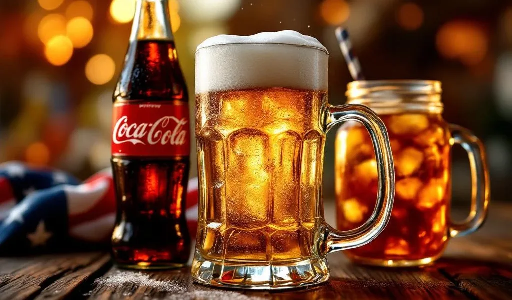 Glas bier met schuim, Coca-Cola fles en ijsthee op houten bar met Amerikaanse vlag kleuren op achtergrond