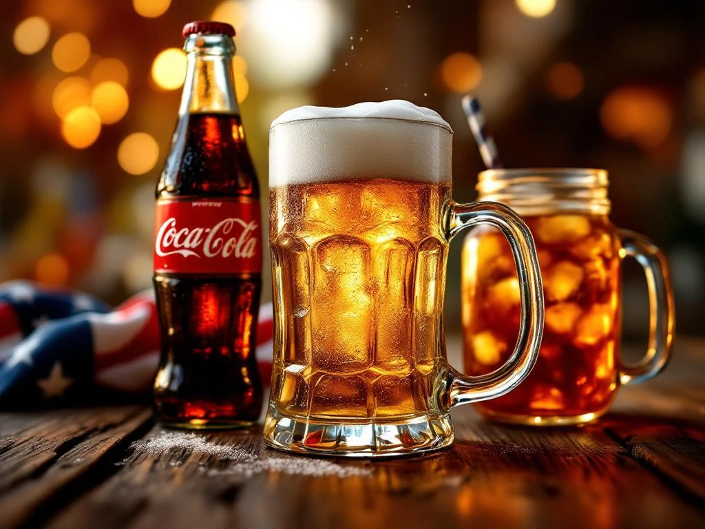 amerikaanse-dranken-bier-cola-thee-bar.jpg Glas bier met schuim, Coca-Cola fles en ijsthee op houten bar met Amerikaanse vlag kleuren op achtergrond