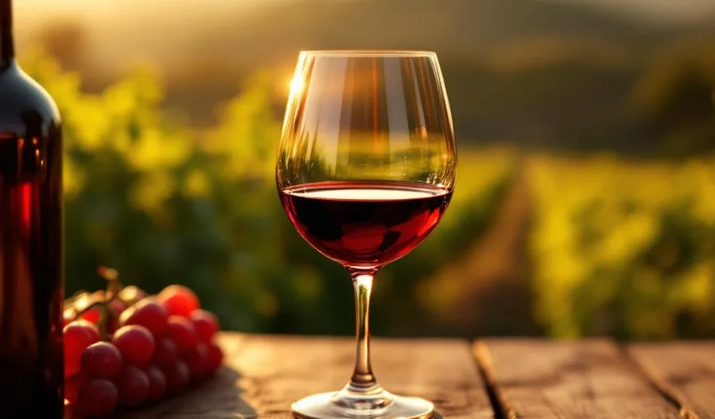 Glas Argentijnse Malbec wijn op houten achtergrond met wijngaard en warme verlichting in premium sfeer