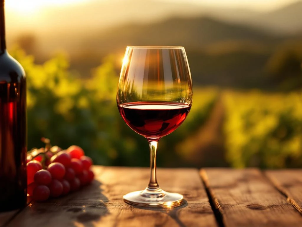 Glas Argentijnse Malbec wijn op houten achtergrond met wijngaard en warme verlichting in premium sfeer