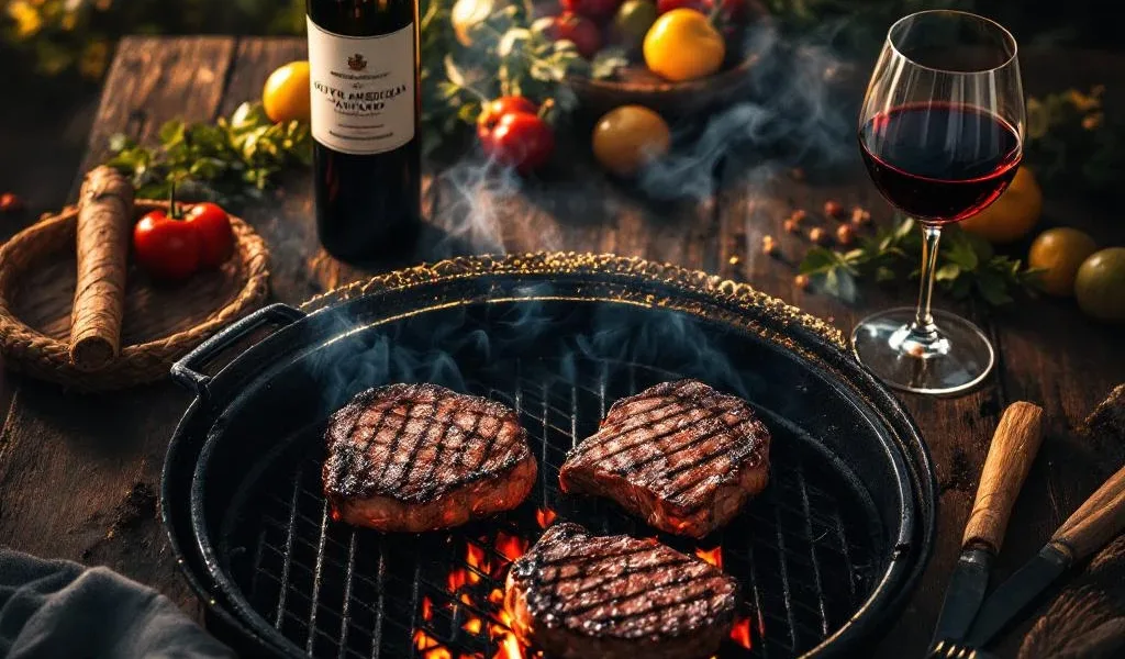 Gegrilde biefstuk en groenten op barbecue met Zuid-Amerikaanse rode wijn in gouden zonlicht