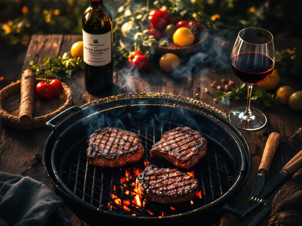 Gegrilde biefstuk en groenten op barbecue met Zuid-Amerikaanse rode wijn in gouden zonlicht