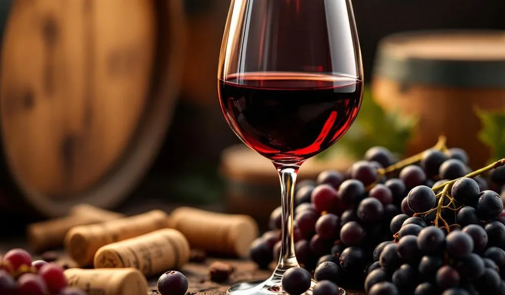 Glas Carmenère rode wijn met warme verlichting, omringd door donkere druiven en kurken op houten achtergrond