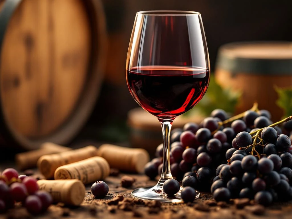 Glas Carmenère rode wijn met warme verlichting, omringd door donkere druiven en kurken op houten achtergrond