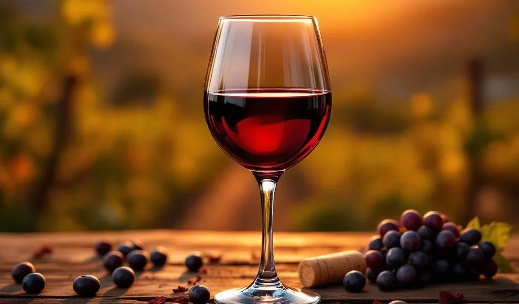 Elegante Carmenere wijnglas met donkerrode wijn op rustieke houten tafel met druiven, Chileense wijngaard op achtergrond