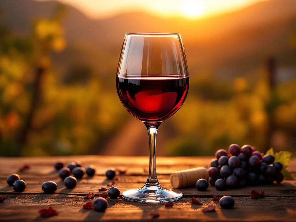 carmenere-wijn-glas-chileense-wijngaard-gouden-uur.jpg Elegante Carmenere wijnglas met donkerrode wijn op rustieke houten tafel met druiven, Chileense wijngaard op achtergrond