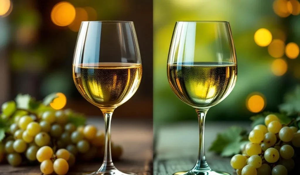 Twee elegante wijnglazen met gouden Chardonnay en groene Sauvignon Blanc op rustieke houten tafel met druivenranken