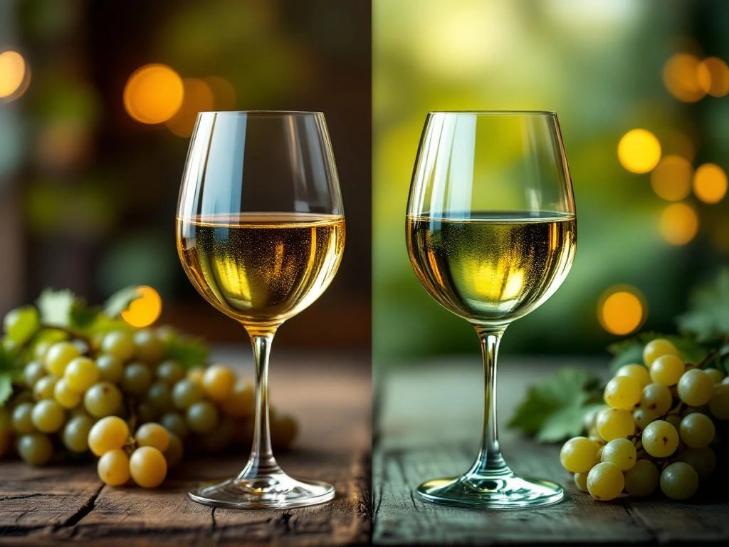 Twee elegante wijnglazen met gouden Chardonnay en groene Sauvignon Blanc op rustieke houten tafel met druivenranken