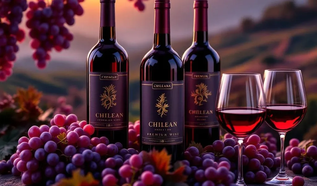 Premium Chileense wijnflessen met elegante etiketten naast verse paarse druiven en gevulde wijnglazen