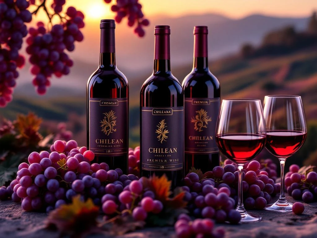 Premium Chileense wijnflessen met elegante etiketten naast verse paarse druiven en gevulde wijnglazen