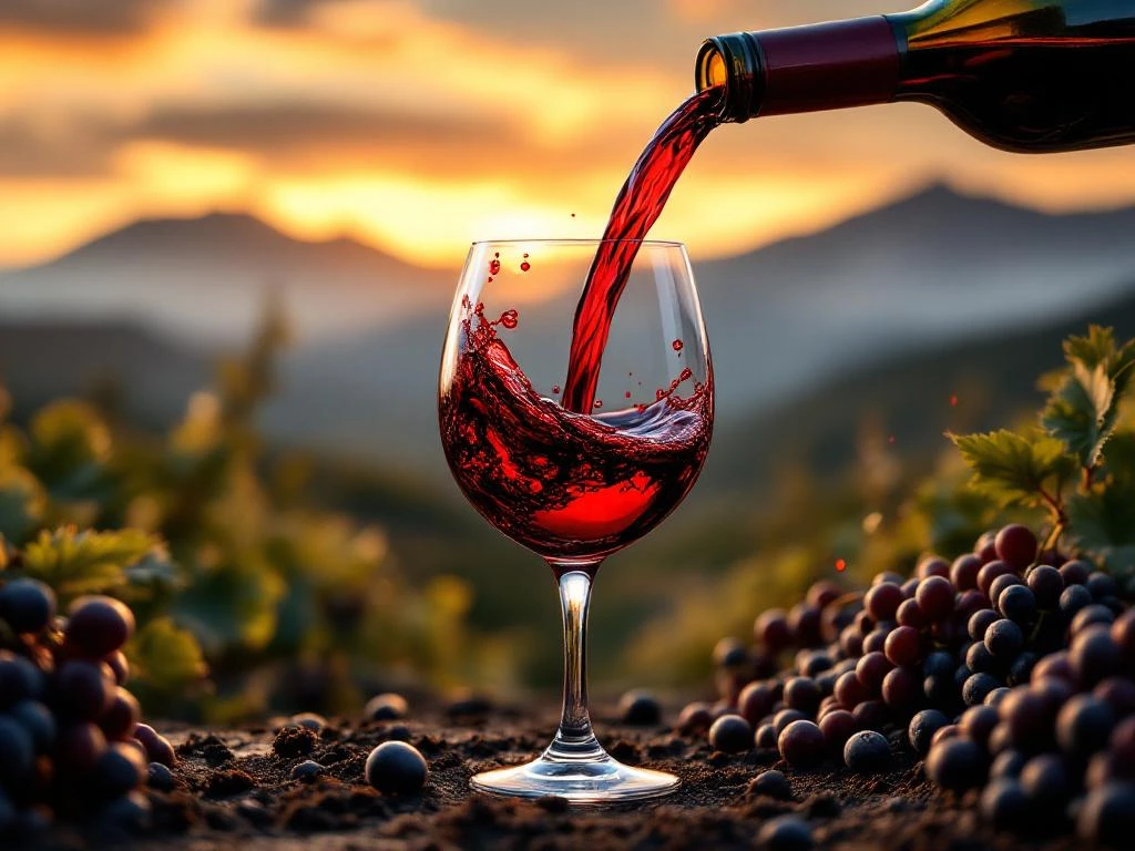 Chileense rode wijn wordt ingeschonken in glas met Andes gebergte op achtergrond tijdens gouden uur