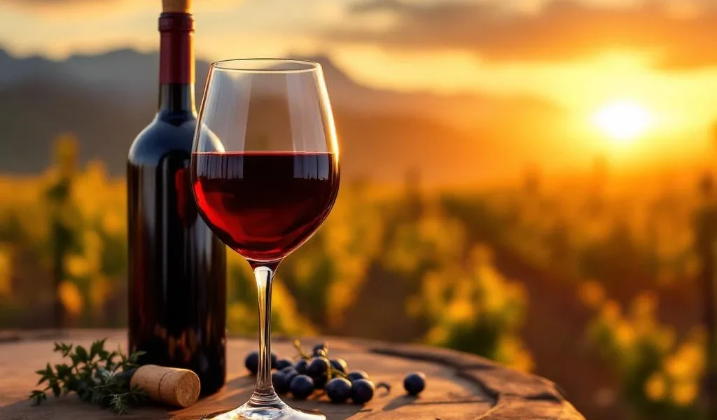 Glas Chileense Cabernet Sauvignon wijn op houten tafel met wijngaard en Andes gebergte op achtergrond bij zonsondergang