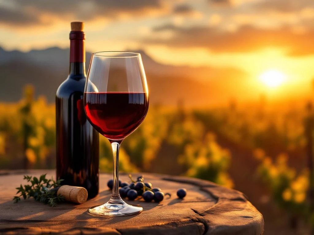 Glas Chileense Cabernet Sauvignon wijn op houten tafel met wijngaard en Andes gebergte op achtergrond bij zonsondergang