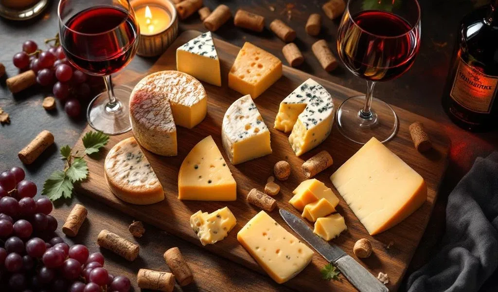 Luxe kaasplank met Zuid-Amerikaanse kazen en rode wijn in kristallen glazen bij kaarslicht, omringd door druiven