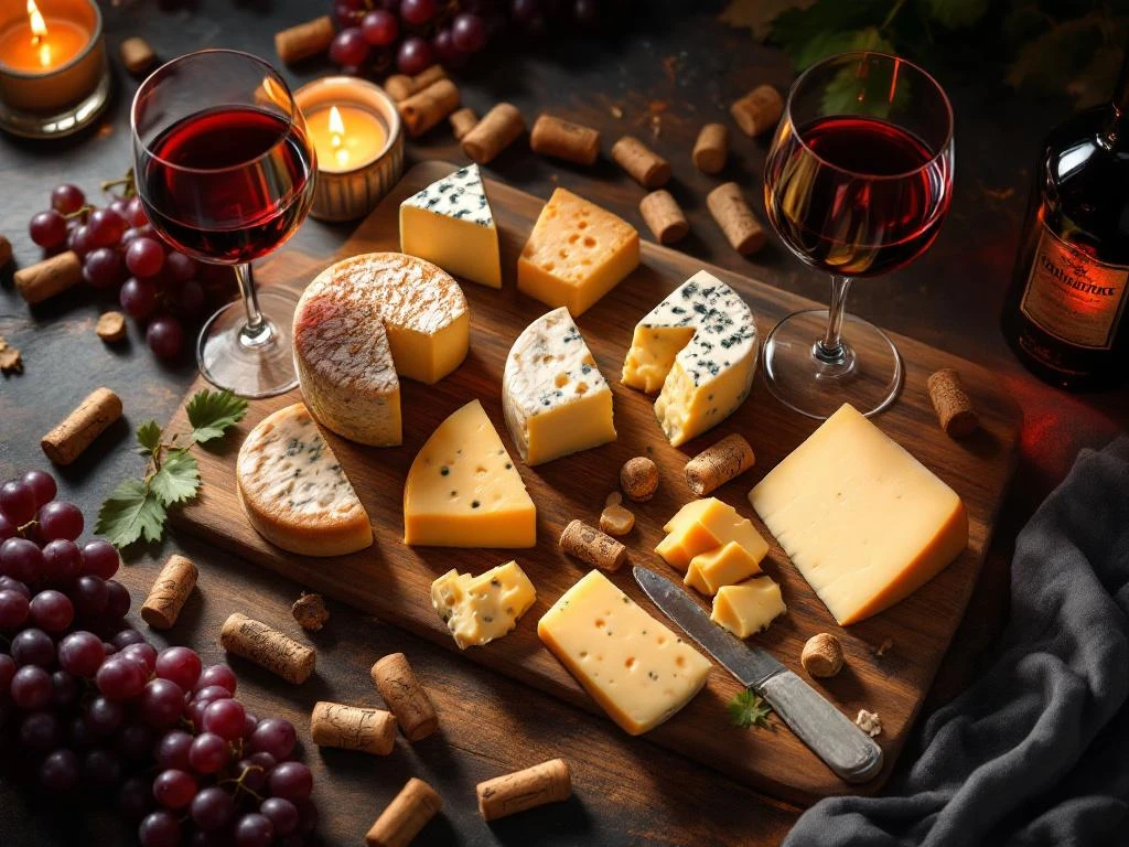 Luxe kaasplank met Zuid-Amerikaanse kazen en rode wijn in kristallen glazen bij kaarslicht, omringd door druiven
