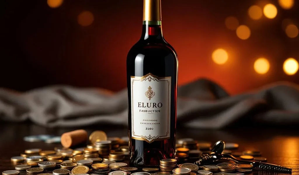 Luxe wijnfles met bordeauxrode wijn omringd door euro munten en bankbiljetten op houten tafel met warme verlichting