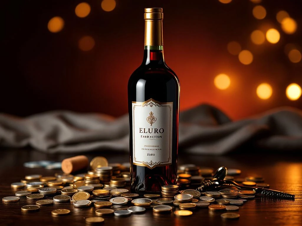 Luxe wijnfles met bordeauxrode wijn omringd door euro munten en bankbiljetten op houten tafel met warme verlichting