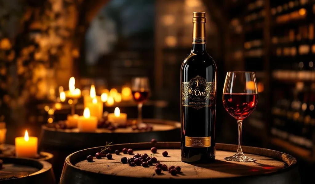 Luxe wijnfles met gouden folie op houten vaten in kaarslicht verlichte wijnkelder met vintage glazen