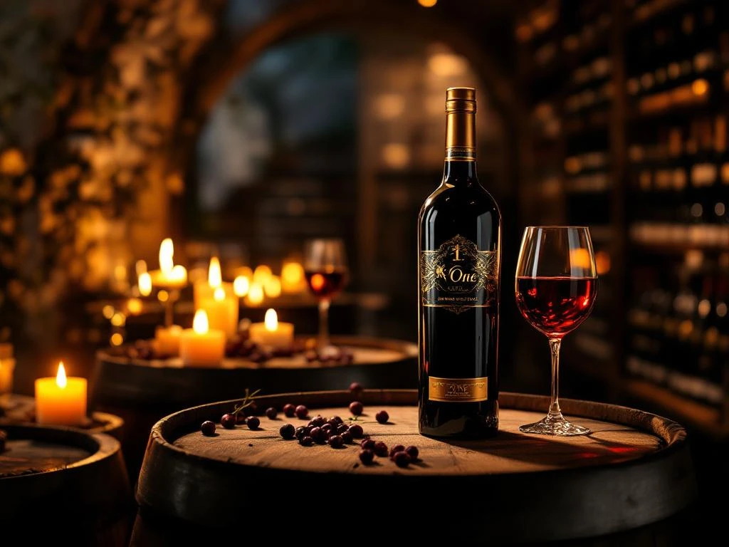 Luxe wijnfles met gouden folie op houten vaten in kaarslicht verlichte wijnkelder met vintage glazen