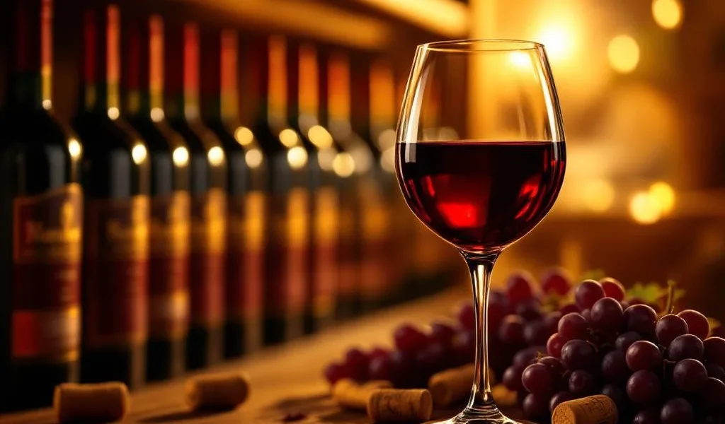 Kristallen wijnglas met rode wijn in luxe wijnkelder met houten planken vol premiumflessen en warme verlichting