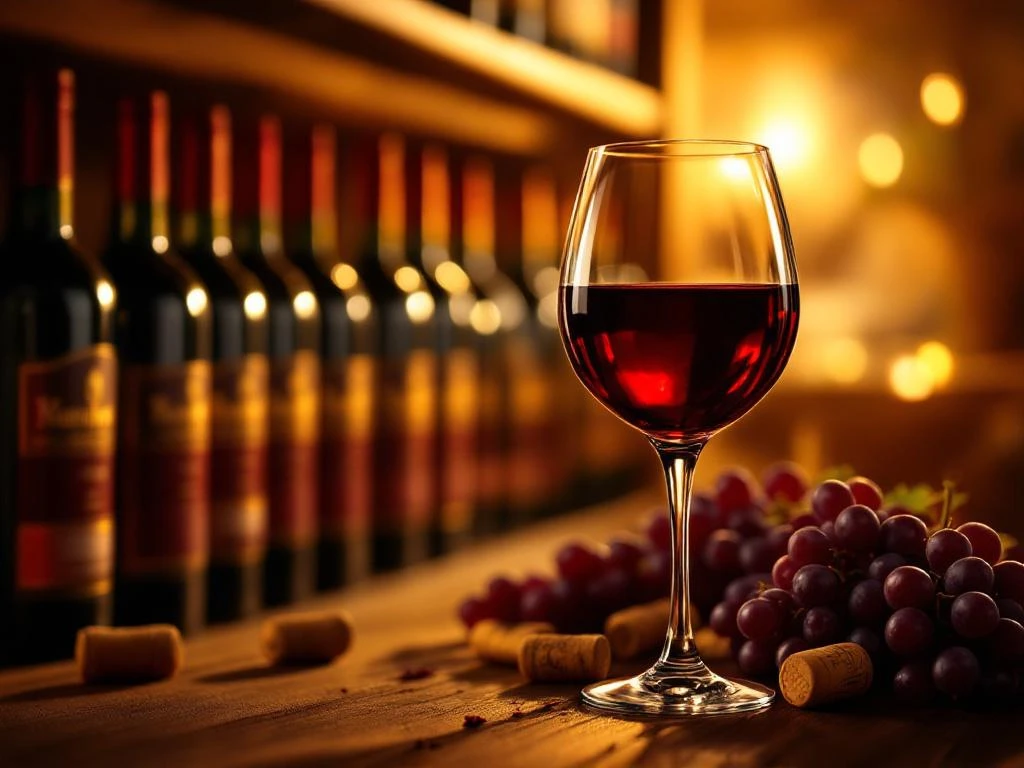 Kristallen wijnglas met rode wijn in luxe wijnkelder met houten planken vol premiumflessen en warme verlichting