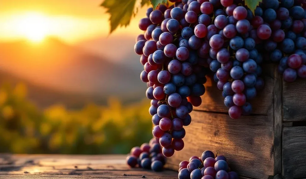 Donkerpaarse Malbec druiven vallen uit houten krat met wijnfles en glas, bergen op achtergrond tijdens gouden uur