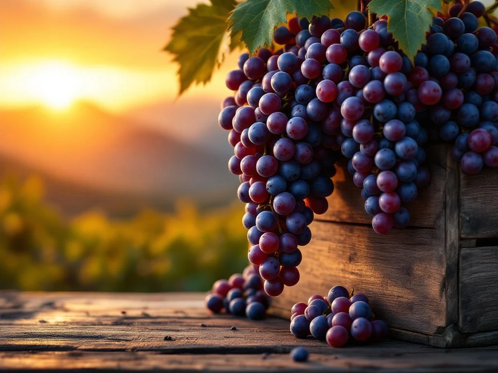 Donkerpaarse Malbec druiven vallen uit houten krat met wijnfles en glas, bergen op achtergrond tijdens gouden uur