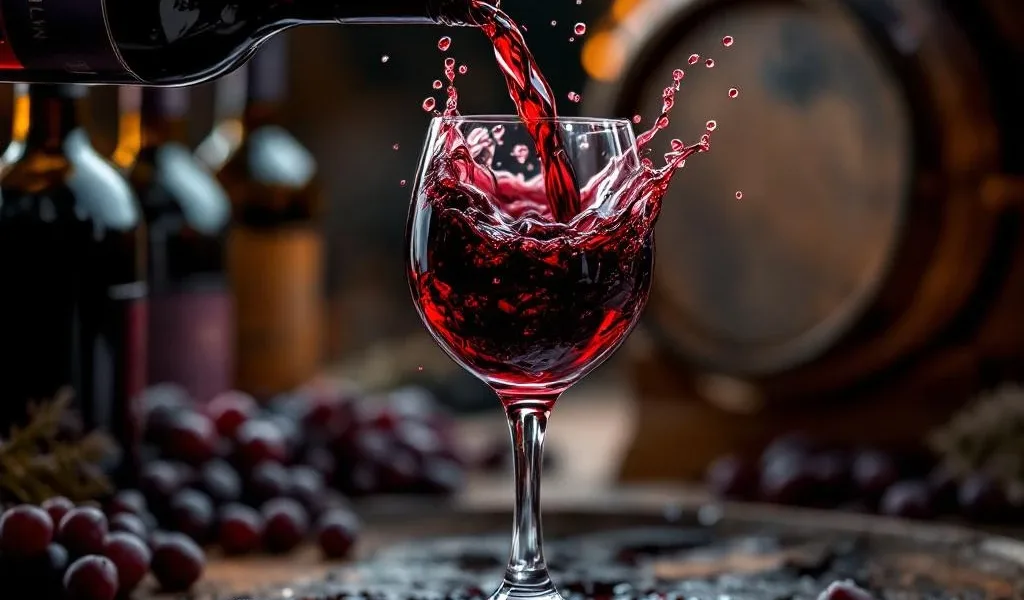 Donkerrode Malbec wijn wordt ingeschonken in kristallen glas met spatten, wijnvaten op achtergrond