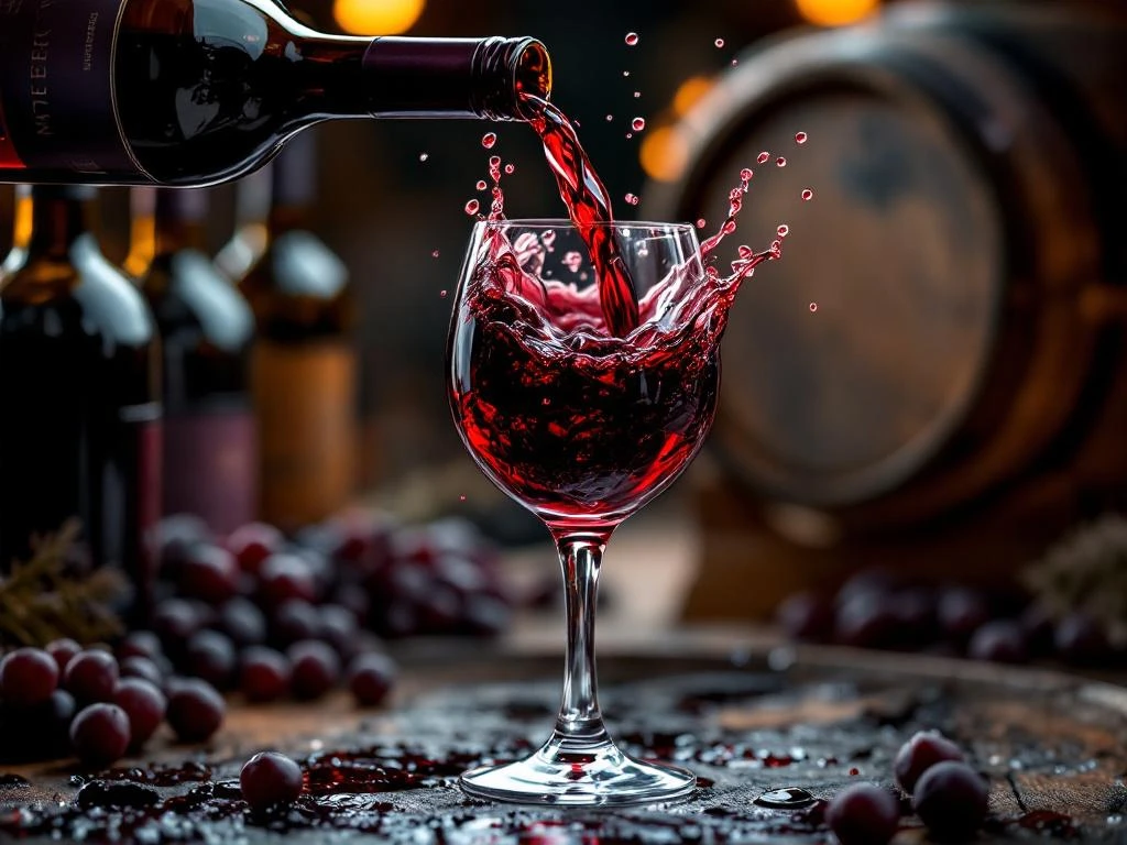 malbec-wijn-gieten-kristal-glas-premium.jpg Donkerrode Malbec wijn wordt ingeschonken in kristallen glas met spatten, wijnvaten op achtergrond