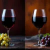 Twee wijnglazen met rode Merlot en donkere Carmenère naast druiventrossen op houten achtergrond voor wijnvergelijking