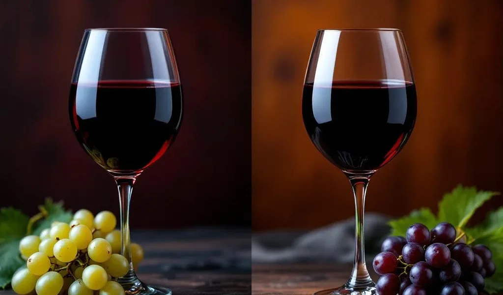 Twee wijnglazen met rode Merlot en donkere Carmenère naast druiventrossen op houten achtergrond voor wijnvergelijking