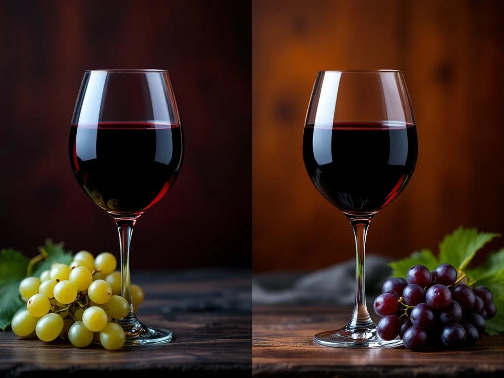 Twee wijnglazen met rode Merlot en donkere Carmenère naast druiventrossen op houten achtergrond voor wijnvergelijking