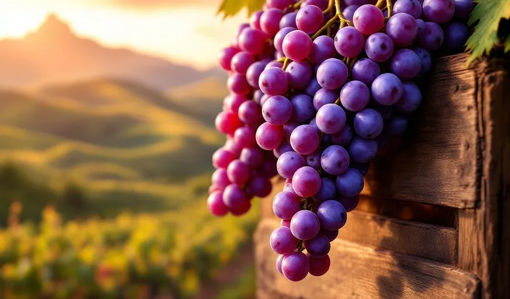 Paarse druiven vallen uit houten krat met Zuid-Amerikaanse wijngaarden op achtergrond in gouden zonlicht