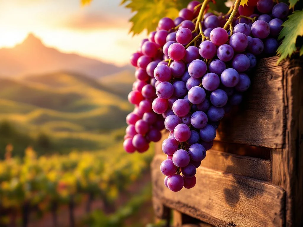 Paarse druiven vallen uit houten krat met Zuid-Amerikaanse wijngaarden op achtergrond in gouden zonlicht