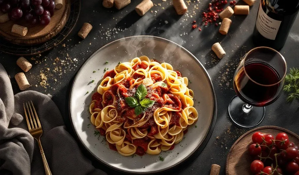 Verse pasta met tomatensaus op elegante eettafel met Zuid-Amerikaanse rode wijn en druiven in warm licht