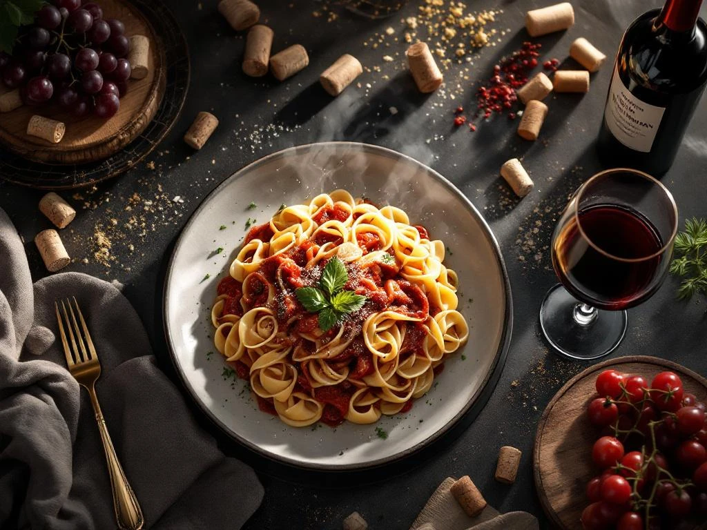Verse pasta met tomatensaus op elegante eettafel met Zuid-Amerikaanse rode wijn en druiven in warm licht