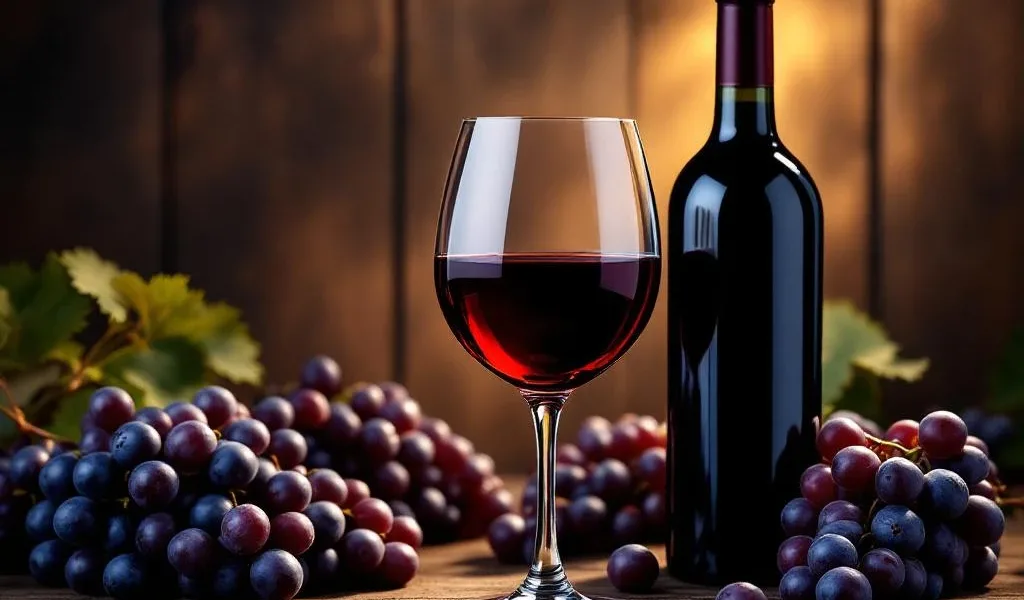 Luxe rode wijn in kristallen glas met donkere wijnfles en druiventrossen op rustieke houten achtergrond