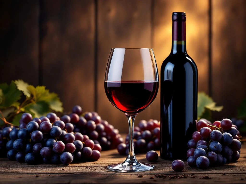 premium-rode-wijn-fles-druiven-glas-luxe.jpg Luxe rode wijn in kristallen glas met donkere wijnfles en druiventrossen op rustieke houten achtergrond