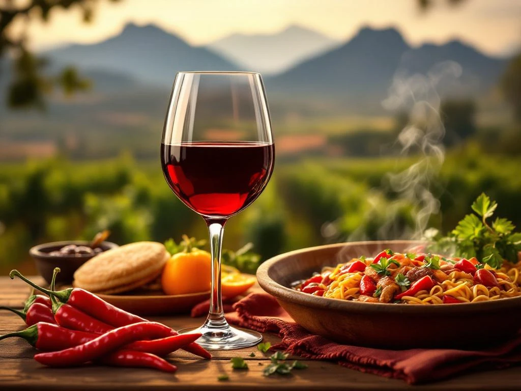 Glas rode wijn naast rode chilipepers en pittige gerechten op rustieke houten tafel met Andesbergen op achtergrond