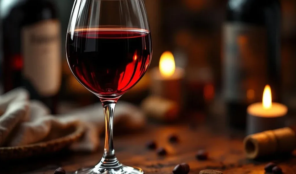 Kristallen wijnglas gevuld met donkerrode wijn op rustieke houten tafel met kaarslicht en wijnflessen op achtergrond