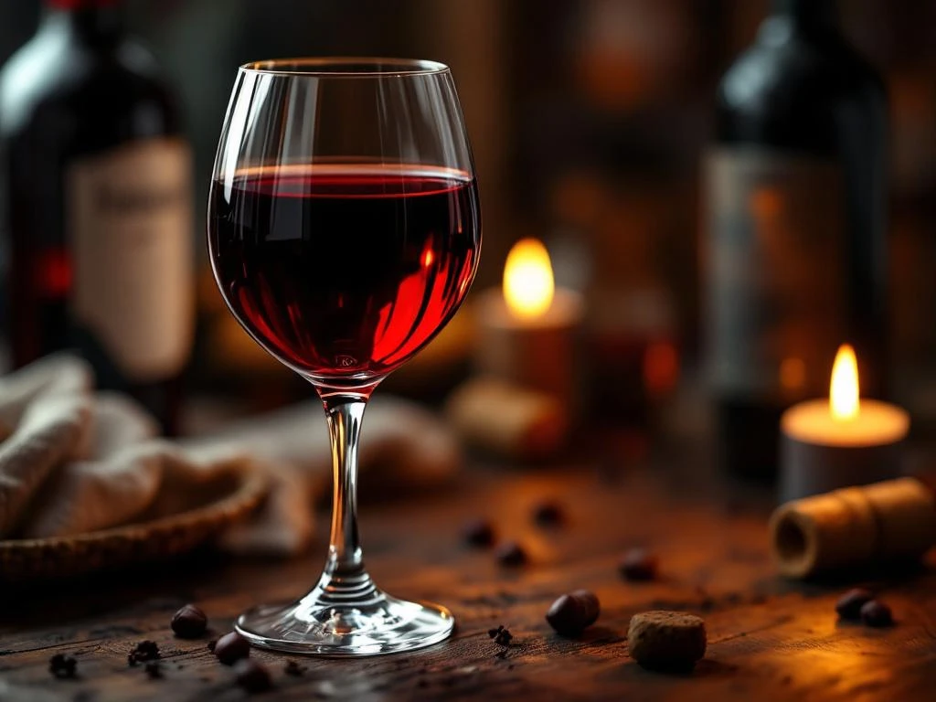 Kristallen wijnglas gevuld met donkerrode wijn op rustieke houten tafel met kaarslicht en wijnflessen op achtergrond