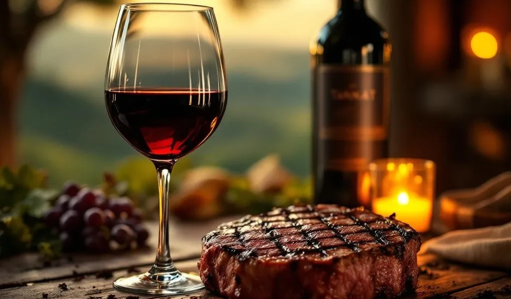 Glas dieprode Tannat wijn naast gegrild vlees met grillstrepen op rustieke houten tafel, wijngaard op achtergrond