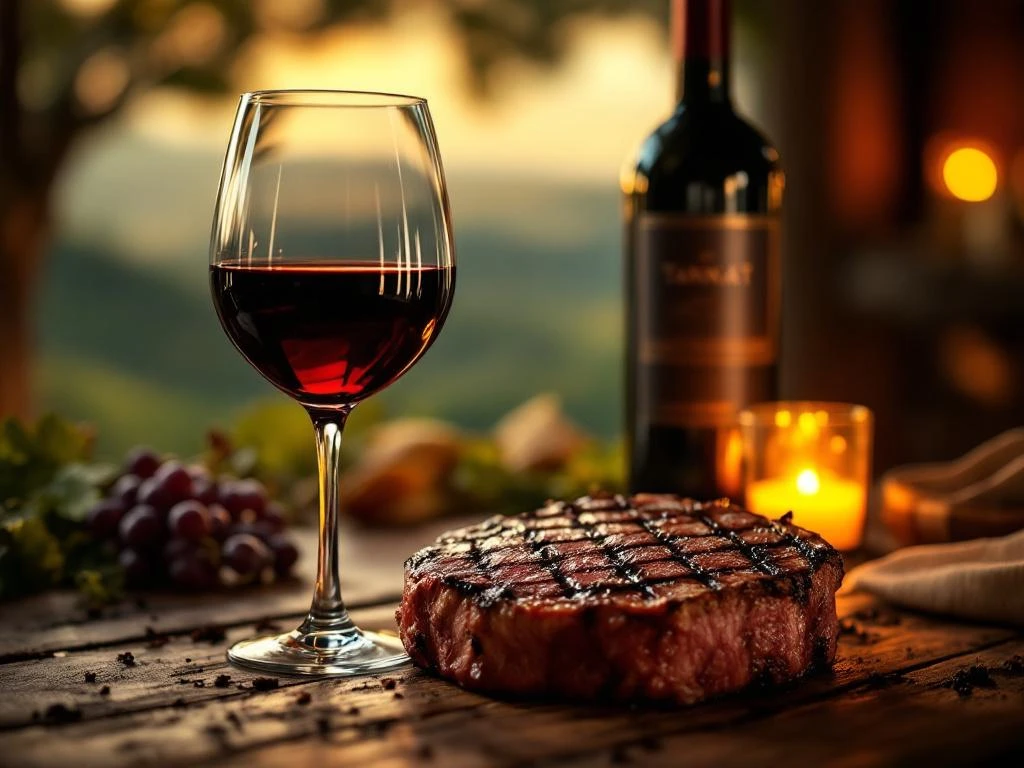 Glas dieprode Tannat wijn naast gegrild vlees met grillstrepen op rustieke houten tafel, wijngaard op achtergrond