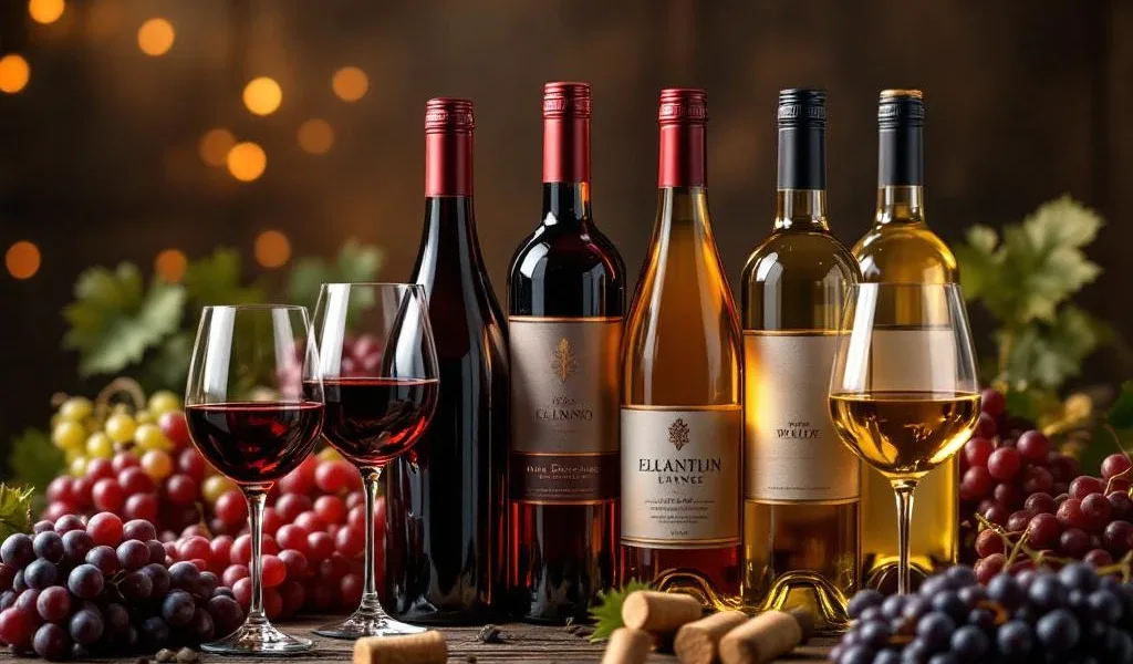 Elegante wijnflessencollectie met rode en witte wijnen op rustiek hout met warme verlichting en druiventrossen