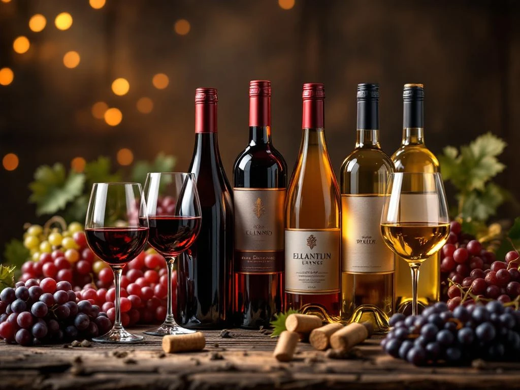 Elegante wijnflessencollectie met rode en witte wijnen op rustiek hout met warme verlichting en druiventrossen