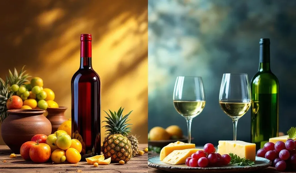 Gesplitste compositie met Zuid-Amerikaanse wijn en tropisch fruit links, Europese wijn met kaas en druiven rechts