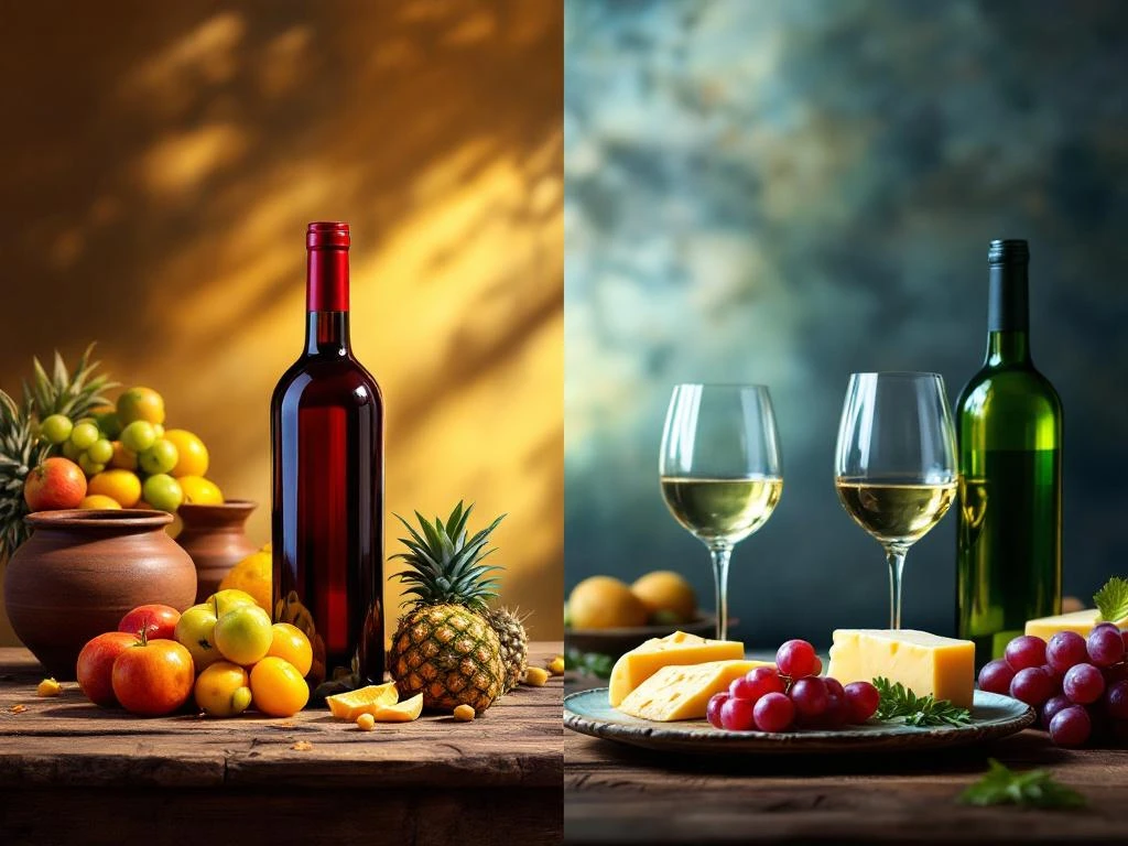 zuid-amerikaanse-europese-wijn-cultuur-vergelijking.jpg Gesplitste compositie met Zuid-Amerikaanse wijn en tropisch fruit links, Europese wijn met kaas en druiven rechts