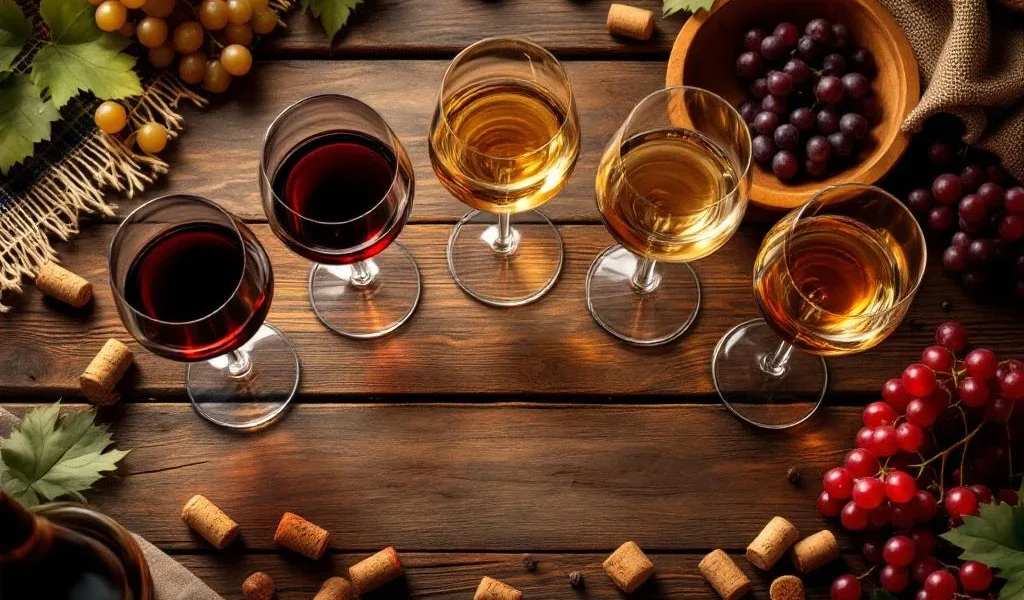 Vijf wijnglazen met verschillende wijntypes in halve cirkel op rustieke houten tafel met druiven en kurken