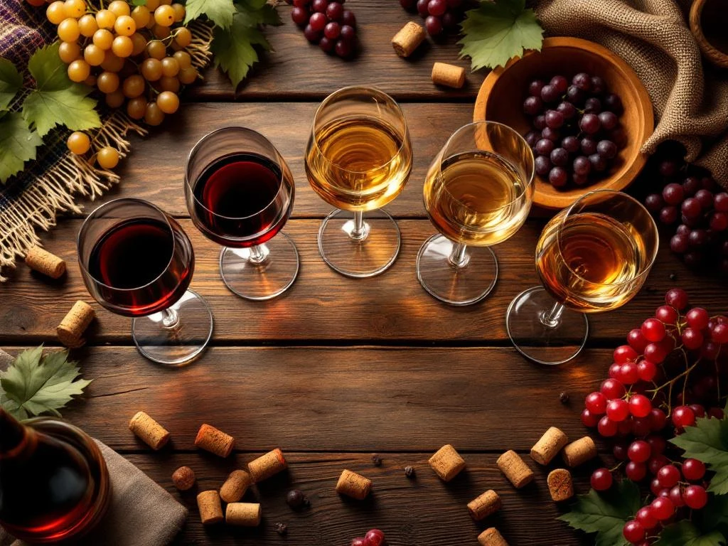 Vijf wijnglazen met verschillende wijntypes in halve cirkel op rustieke houten tafel met druiven en kurken