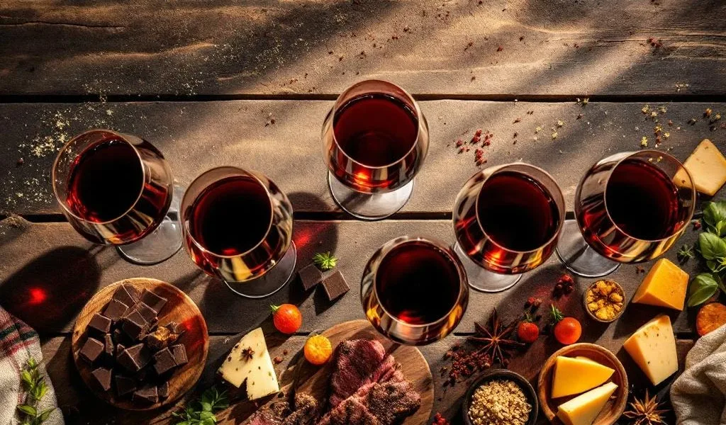 Vijf glazen rode Zuid-Amerikaanse wijn met chocolade, vlees, fruit, kaas en kruiden op rustiek hout